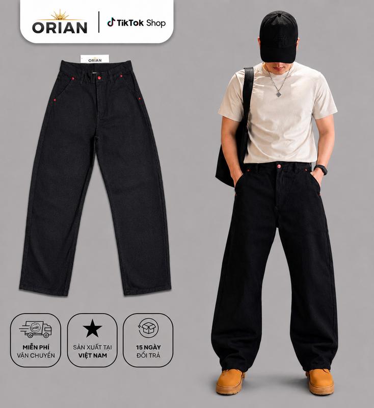 ORIAN - Quần Jean Unisex Nam-Nữ Ống Cong Xanh Wash họa tiết - Vải 12.5oz Chất…