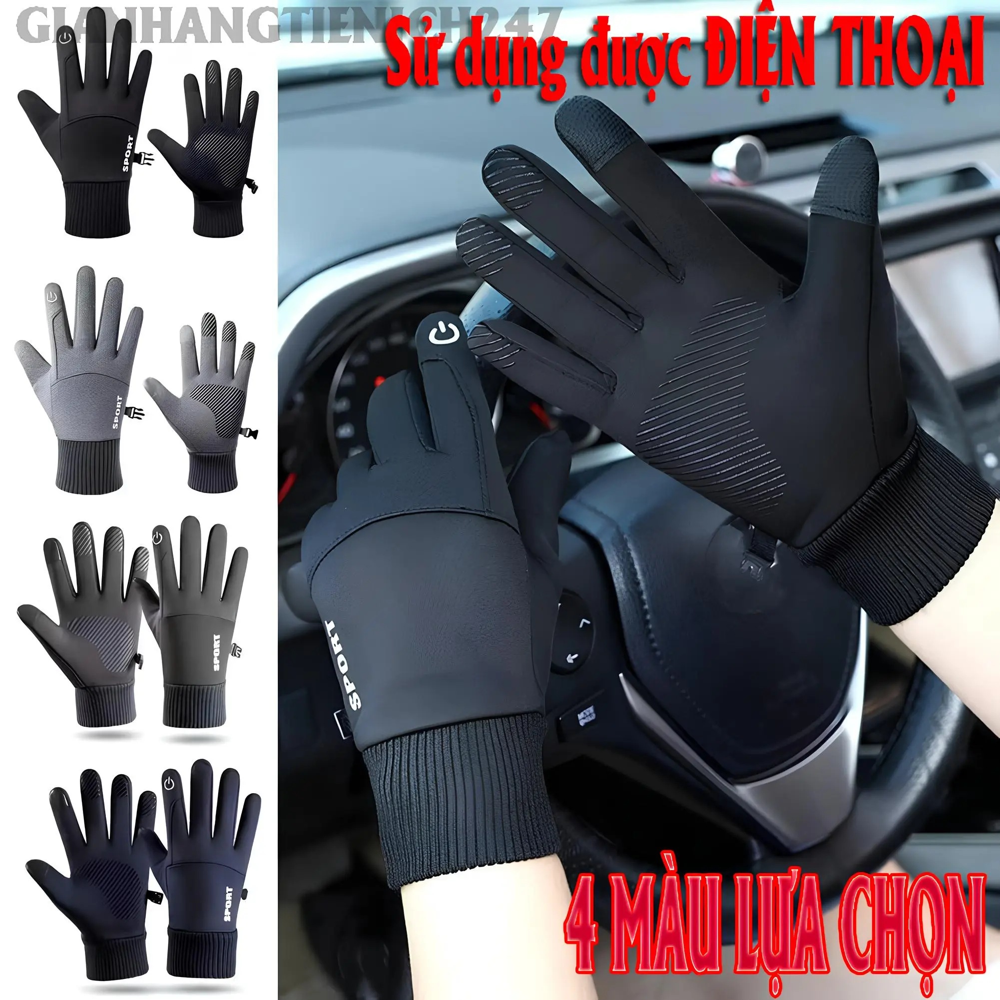 Cản gió chống nắng [Có cảm biến ngón] Găng Tay Lót Nỉ Ấm Áp Giữ Nhiệt Chống Gió 3 Lớp Bên Trong 4 Màu Xanh Xám Đen Ghi Gangtaydaihan Gangtayxemay