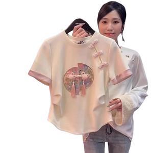 Chinese Retro-style Cheongsam-style Buttoned Short-sleeved T-shirt for Women, Summer Embroidery Pleated Short Style Lightweight, breathable, and cool