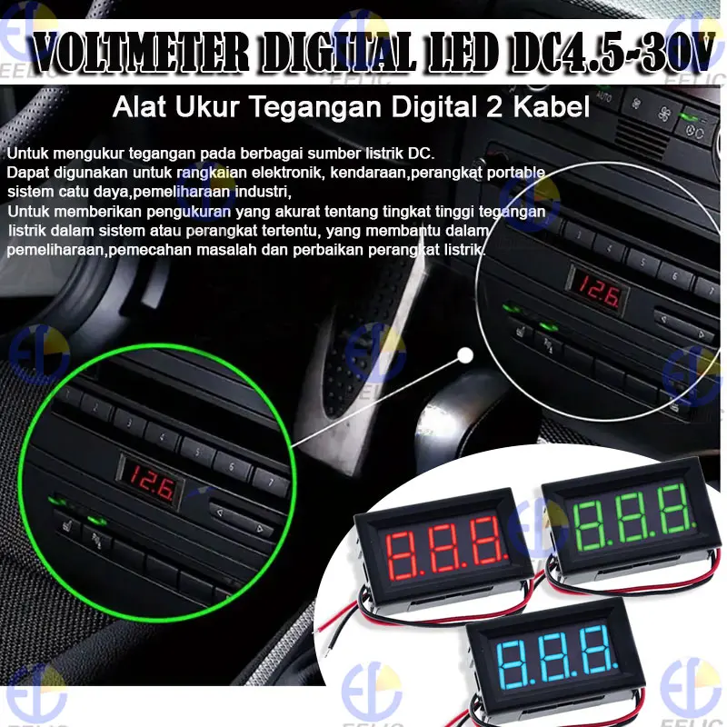 EELIC VMD-DC4.5VS30V Voltmeter digital led dc 4.5-30v voltmeter 0.56 inch 2 kabel alat ukur tegangan digital terdapat 3 pilihan warna led digital yaitu merah,biru,hijau 1