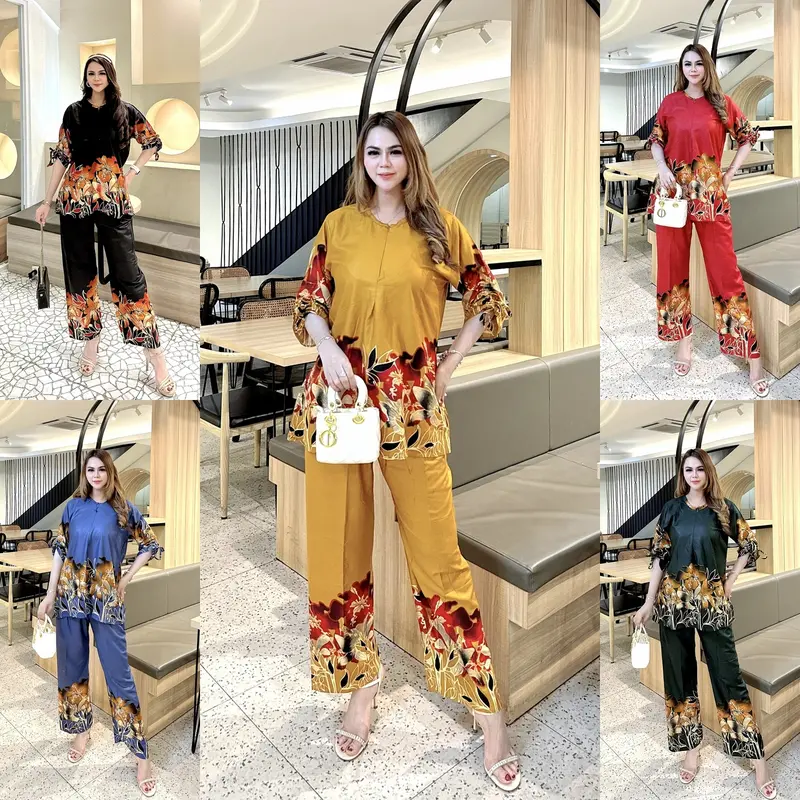 Setelan Celana Panjang Wanita Dewasa Kain Rayon Lembut Lengan Serut Printing Pekalongan Motif Mahkota Garis Warna 0