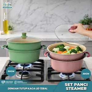Sinda Panci Steamer 2 Susun Ukuran 30Cm Dengan Tutup Kaca Cocok untuk Kompor Induksi & Gas High Quality Set Panci Steamer 30cm