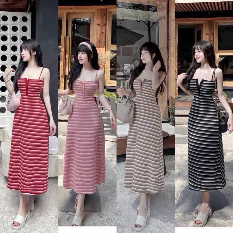 Đầm xòe 2 dây dáng dài xòe  sọc ngang thanh lịch sang chảnh , Đầm đi tiệc đi biển - Thun tăm lạnh T643 váy sơ ren