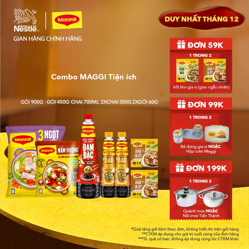 Nestle Vn Combo tiện ích Bịch Hạt nêm MAGGI Xương hầm Heo 900g + Nước tương Đậu Nành Đậm Đặc 700ml + Bịch Hạt nêm Nấm Hương gói 450g + Dầu Nấm Hương 350g x2 + Xốt nền Kho Sả Ớt x2