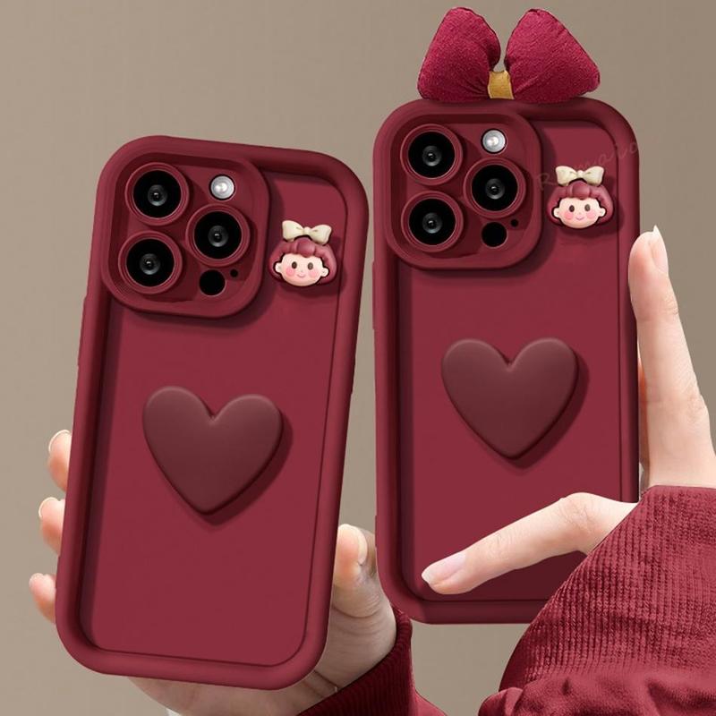  Ốp Điện Thoại trái tim thắt nơ cho IPhone 15 11 12 13 14 Pro Max 7 8 6 6S Plus XR X 15Pro XS MAX SE 2020 búp bê 3D dễ thương bảo vệ máy ảnh silicon lỏng mềm vỏ chống sốc 
