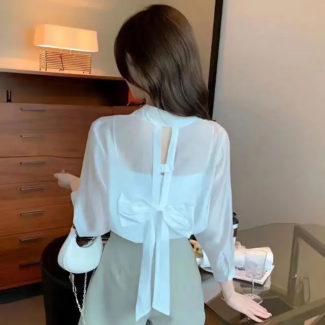 Áo Sơ Mi Chống Nắng, Phong Cách Mùa Hè, Dành Cho Nữ, Thiết Kế Thắt Nơ Lưng Mềm Mại, Thích Hợp Cho Kỳ Nghỉ Bờ Biển Trang Phục 2024 Top Shirt Cổ Tròn 5