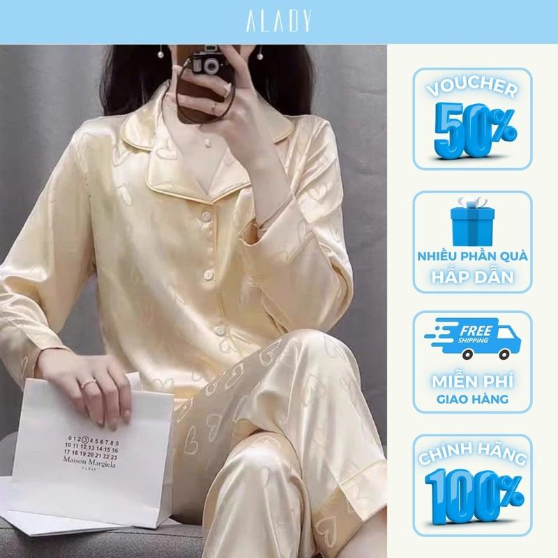 ALADY TD027 - Đồ bộ Pijama Dài Tay họa tiết trái tim chất liệu lụa Latin trơn mịn, mềm mại, nhẹ nhàng phong cách tiểu thư Tay Dài Quần Ngủ Áo