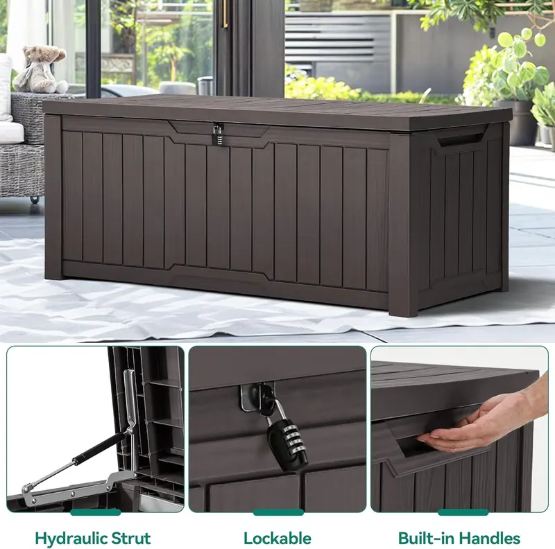 YITAHOME Outdoor Storage Box, 120 Gallon Waterproof Deck Box for Garden Tools, Patio Cushions,Lockable, Easy Assembly, Dark Brown / Black / Dark Grey 4