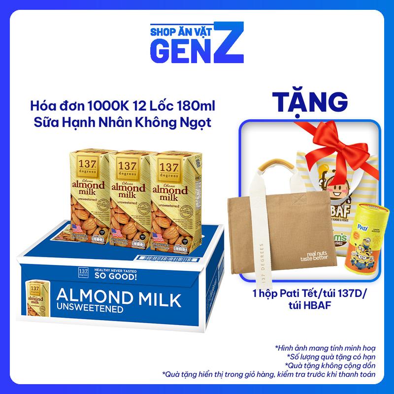 Thùng Sữa Hạt 137 Degrees 180ml Nguyên Chất Vị Hạnh Nhân Không Đường, Nhập K