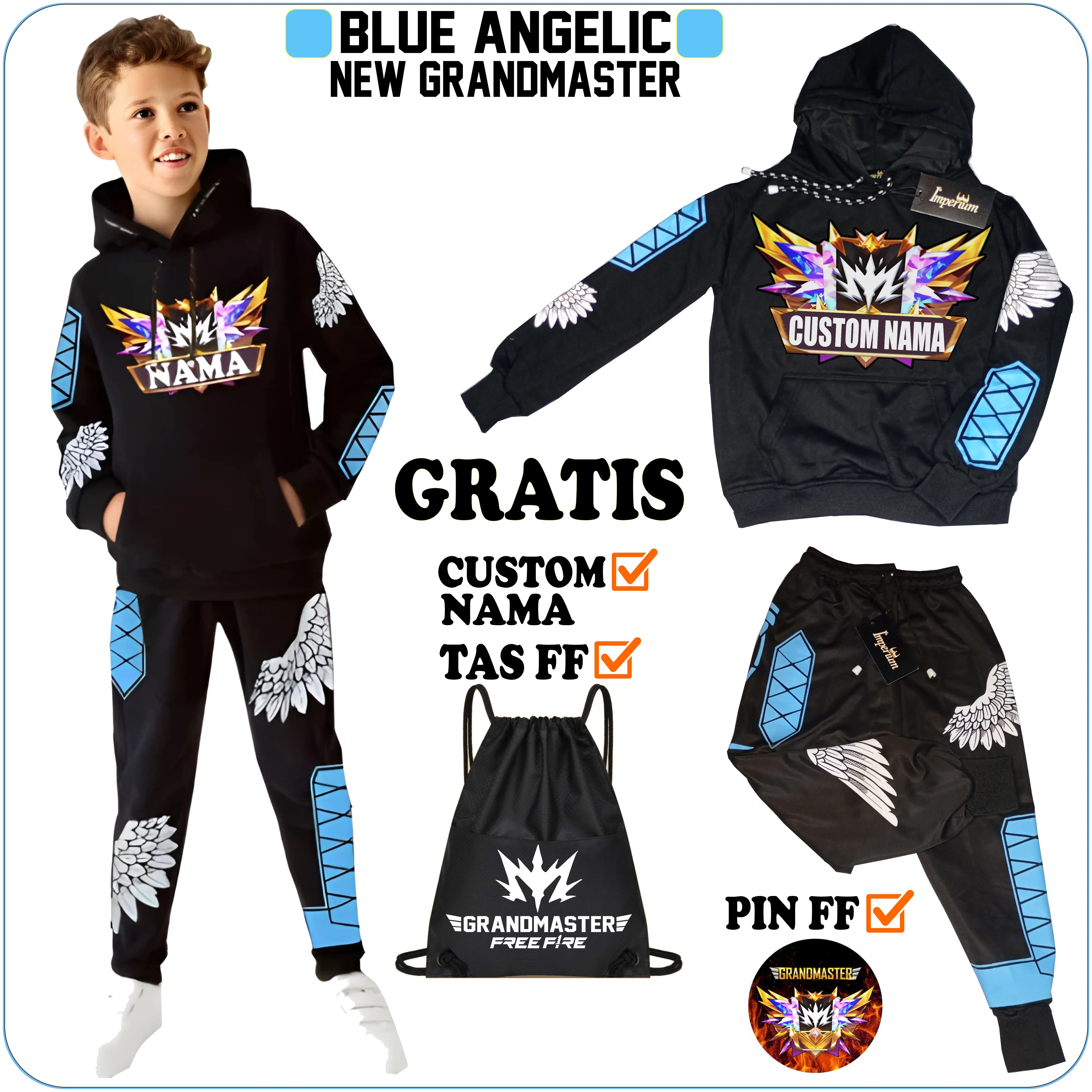 Setelan Celana Free Fire Anak dan Jaket Sweater FF Grandmaster Kaos Angel Gaming Biru Fashion Fashion