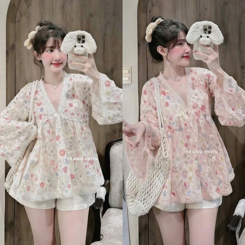 Set đồ nữ áo dáng Babydol in hoa cổ V viền ren tay loe phối quần đùi ngắn tuyết mưa sang chảnh, xinh xắn, dễ thương phù hợp cho các nàng diện đi chơi, đi du lịch, đi biển