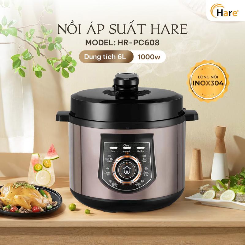 NỒI ÁP SUẤT ĐIỆN 6 LÍT LÒNG NỒI INOX CAO CẤP 304 HARE HR-PC608 - LÒNG NỒI INOX 304 SIÊU BỀN VÀ AN TOÀN CHO SỨC KHỎE