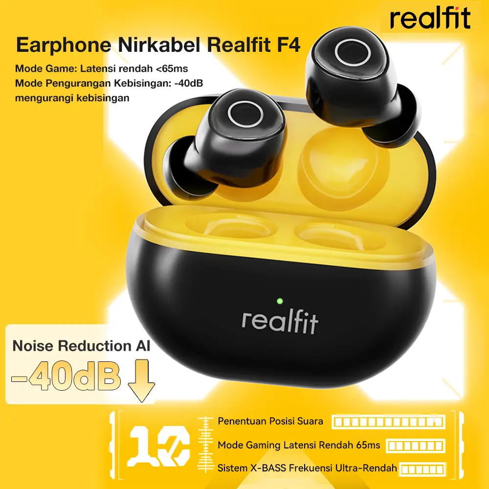 Realfit F4 Bluetooth 5.4 ANC -40dB Headset Super Low Delay No Latency for Call&Music ,TWS Game Mode & ANC
