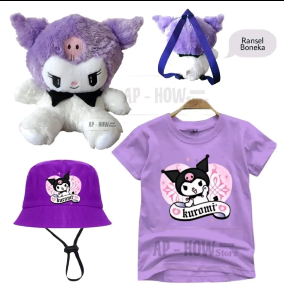 PAKET HEMAT 3IN1 T-shirt kaos sablon anak perempuan tas boneka kuromi topi buckect kaos gambar kuromiii