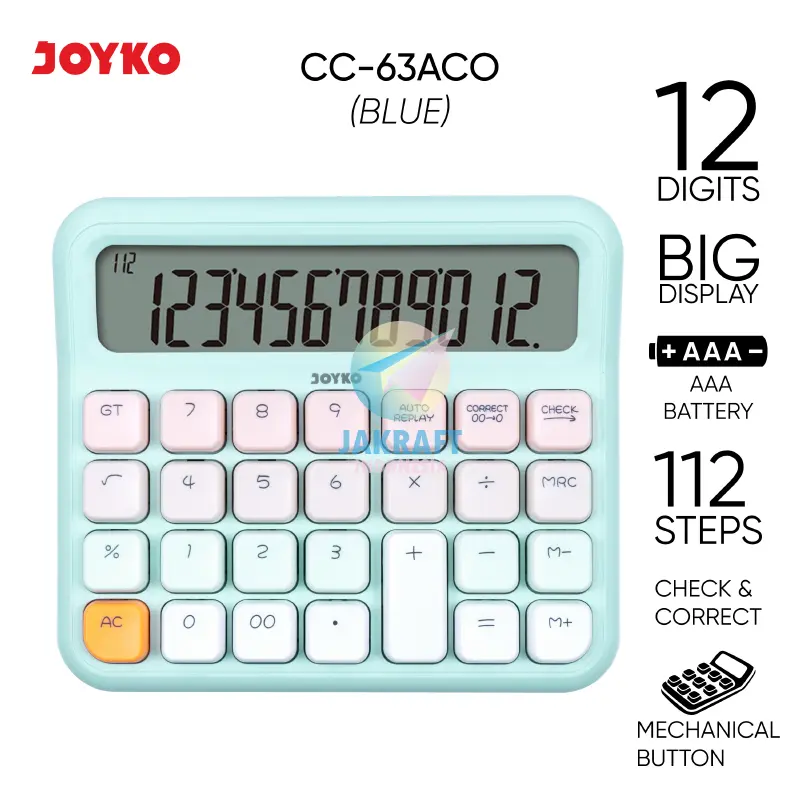 (1 Pcs) Kalkulator Pastel JOYKO CC-63ACO Calculator 12 Digits Big Dispay Check Correct 112 Steps AAA Battery Mechanical Marshmallow Button 5