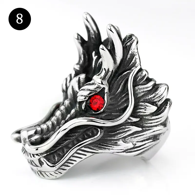 【Perenolr】Fashion Vintage Male Ring Domineering Red Eye Personality Punk Jewelry Dragon Head Ring 0