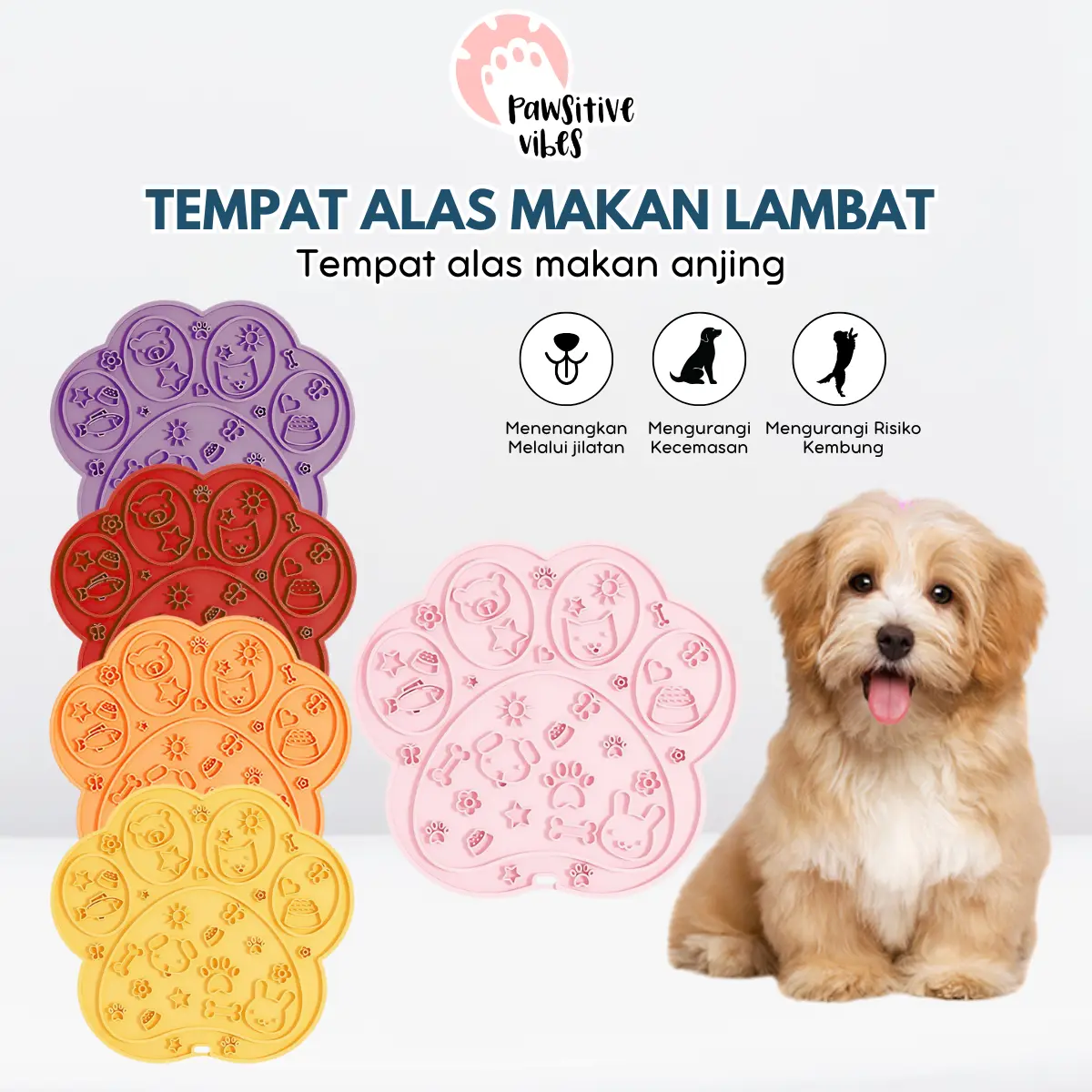 Pawsitive Vibes Tempat Makan Anjing Kucing Anti Sedak Slow Feeder Lick Mat 20x20cm Silikon Bebas BPA Stimulasi Mental Tenang & Sehat