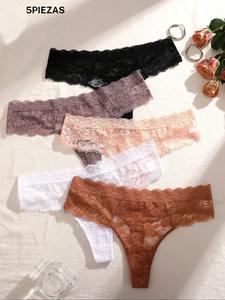 Conjunto de Tangas de Encaje Elegante, 5 Piezas de Ropa Interior de Mujer Semitransparente con Estampado, Colección de Lencería Cómoda y Estilosa