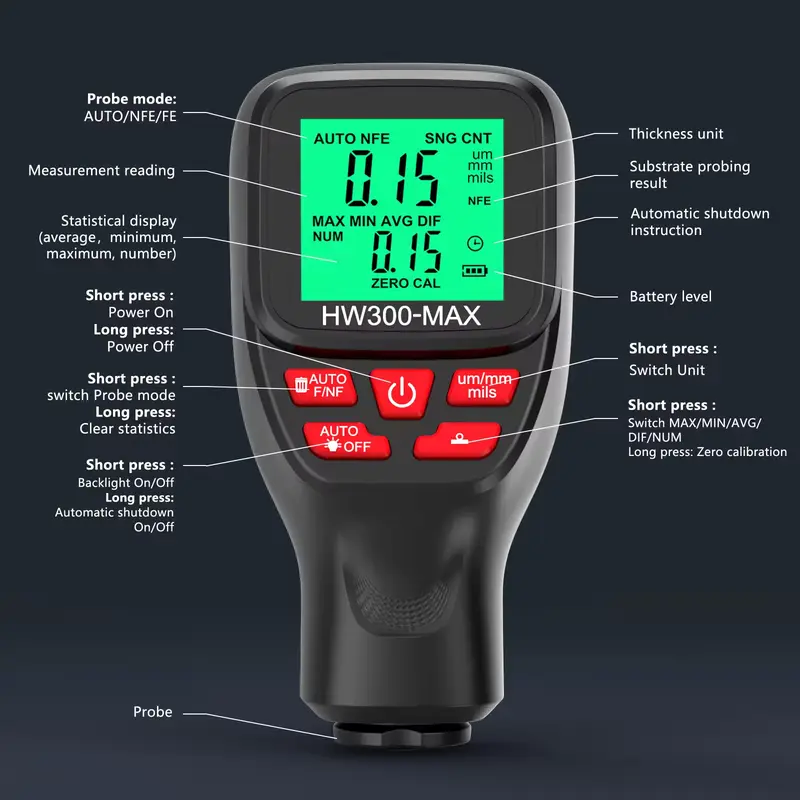 Digital Paint coating thickness gauge tester HW300S HW300PRO Alat ukur Digital ketebalan lapisan cat mobil HW 300S HW 300PRO HW-300S HW-300PRO 7