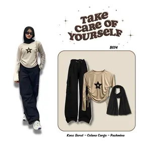 Outfit Remaja Wanita Kekinian Setelan One Set Kaos Serut Crop Celana Cargo Dan Hijab Pashmina Ceruty Babydoll B014