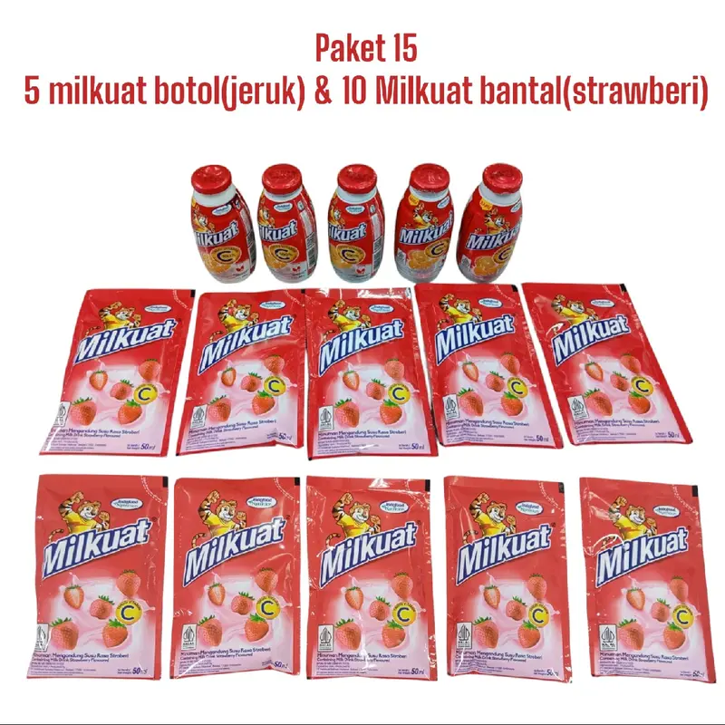 paket 15 milkuat(5 botol susu milkuat jeruk/stroberi  65ml + 10 pcs susu milkuat bantal Cokelat/stroberi 50ml)milk 3