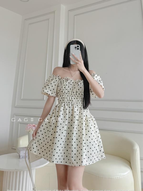  Đầm Váy Babydoll GAGO Brand Trễ Vai Cổ Vuông Hot Trend Mùa Hè váy tay phồng thun eo Vải gió nhăn Nữ Women Dress 