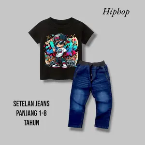 Setelan celana jeans panjang kaos distro katun combed adem usia 1-8 tahun Fashion Cewek Cowok Unisex Parsel Bunda