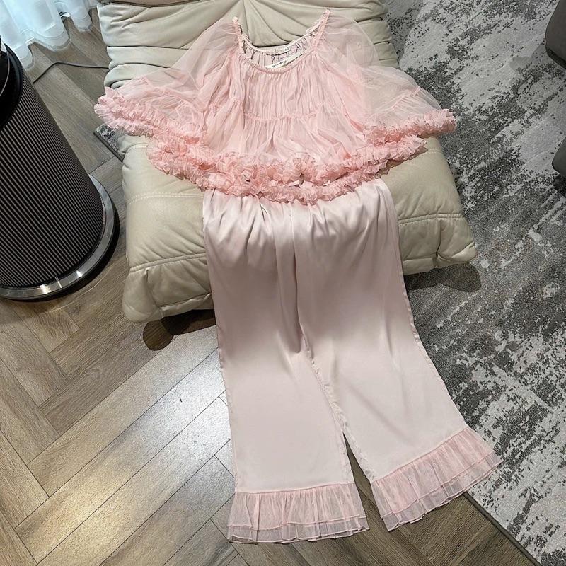 Sét Pijama Lụa Kết Hợp Vải Von Tơ 2 Lớp Cổ Chun 2 Màu Hồng, kem