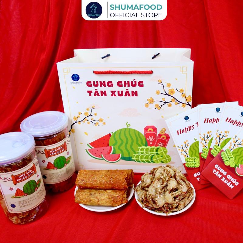 Combo Cán Ghẹ: 200g khô Mực Cán Tẩm Vị Shumafood Và 230g Ghẹ Sữa Chiên Giòn Đặc Sản Nha Trang Snack Ăn vặt