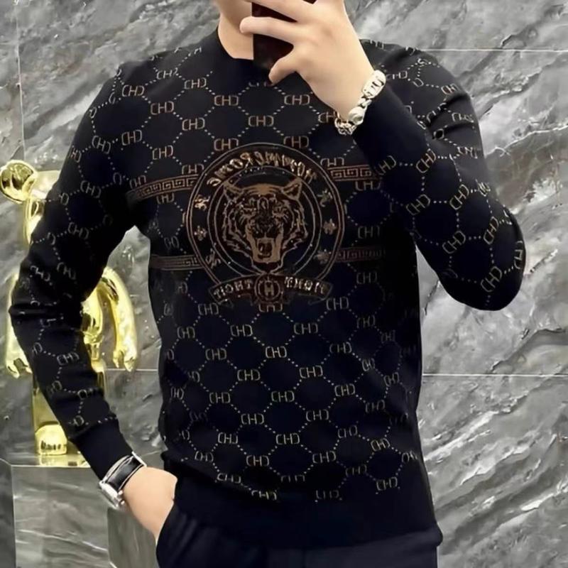 Product Introduction of Tiger head pattern men's base shirt new long sleeved shaping fit fashionable casual versatile round neck personalized T-shirt Menswear Top 3