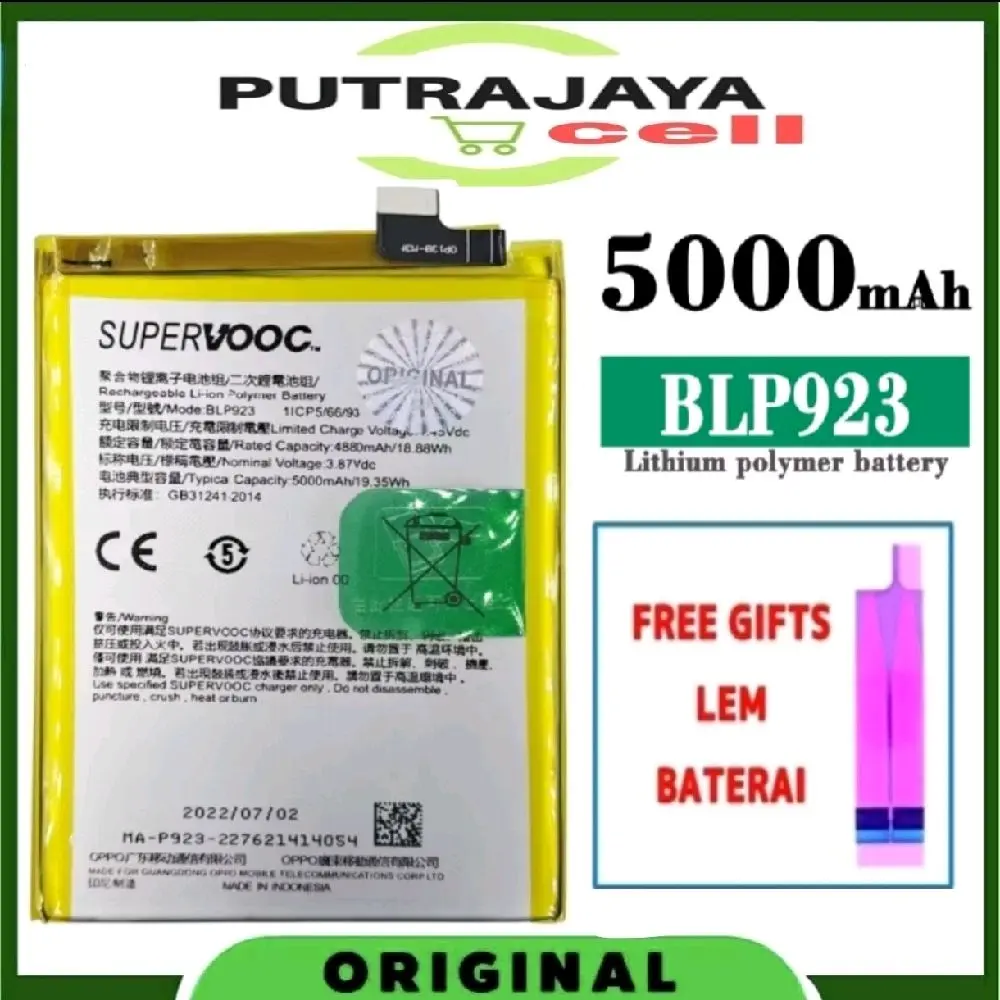 BATERAI OPP A77S / A57 4G 2022 / A57S / A77 5G / A78 5G / A97 5G / RELME C51 BLP923 ORI 5000mah ( Gratis Lem ) Batrai Batrei Battery Batre Garansi