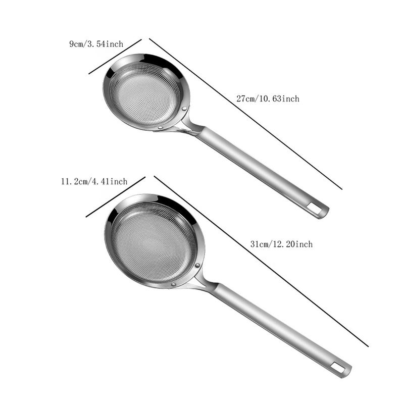 Product Introduction of Outdoor Hiking Equipment Kitchenware Long Handle Stainless Steel Colander Filter Oil Spoon Fine Mesh Colander Sifter Sieve Kitchen Strainer Clip Kitchen Accessories FEE 14