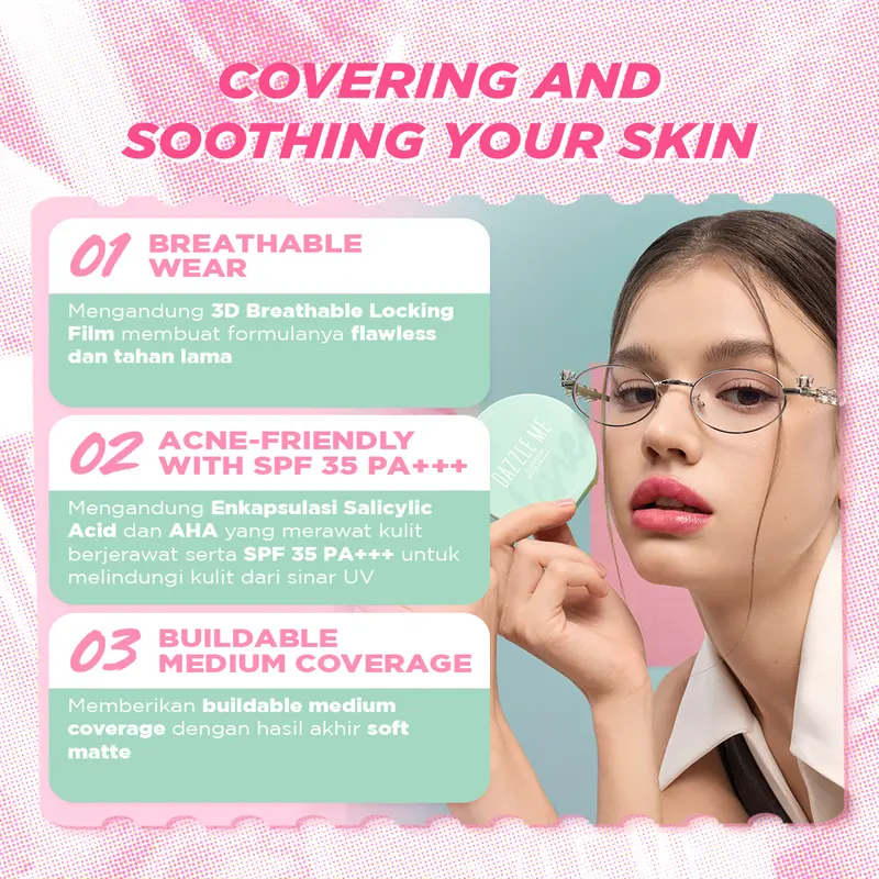[PAKET MAKEUP 3PCS] DAZZLE ME Acne Armor Makeup Bundle Acne Soothing Setting Spray Flawless Flex Compact Powder Cushion Acne-Prone Friendly Tahan Lama Untuk Kulit Berjerawat 2