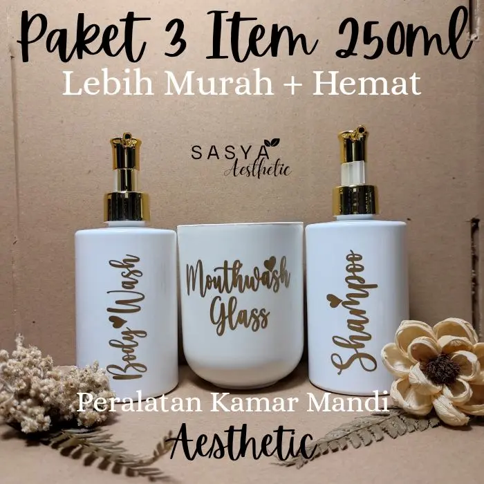 Paket Peralatan Kamar Mandi Botol Sabun & Shampo Pump Plastik Aesthetic Gelas Tempay Sikat gigi dispenser odol Putih Gold & Silver Lebih Murah & Hemat (T1P) 5