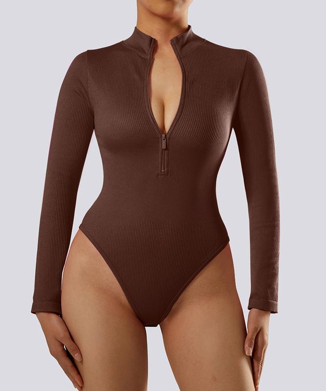 Mooslover Livestream - Sexy Ribbed One Piece Zip Front Long Sleeve Top Bodysuits 3