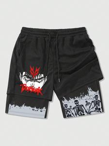 Shorts para hombre con estampado de calavera de dibujos animados, 2 en 1 con cintura con cordón, diseño casual y holgado con bolsillos, ideales para el verano, pantalones de moda para uso diario