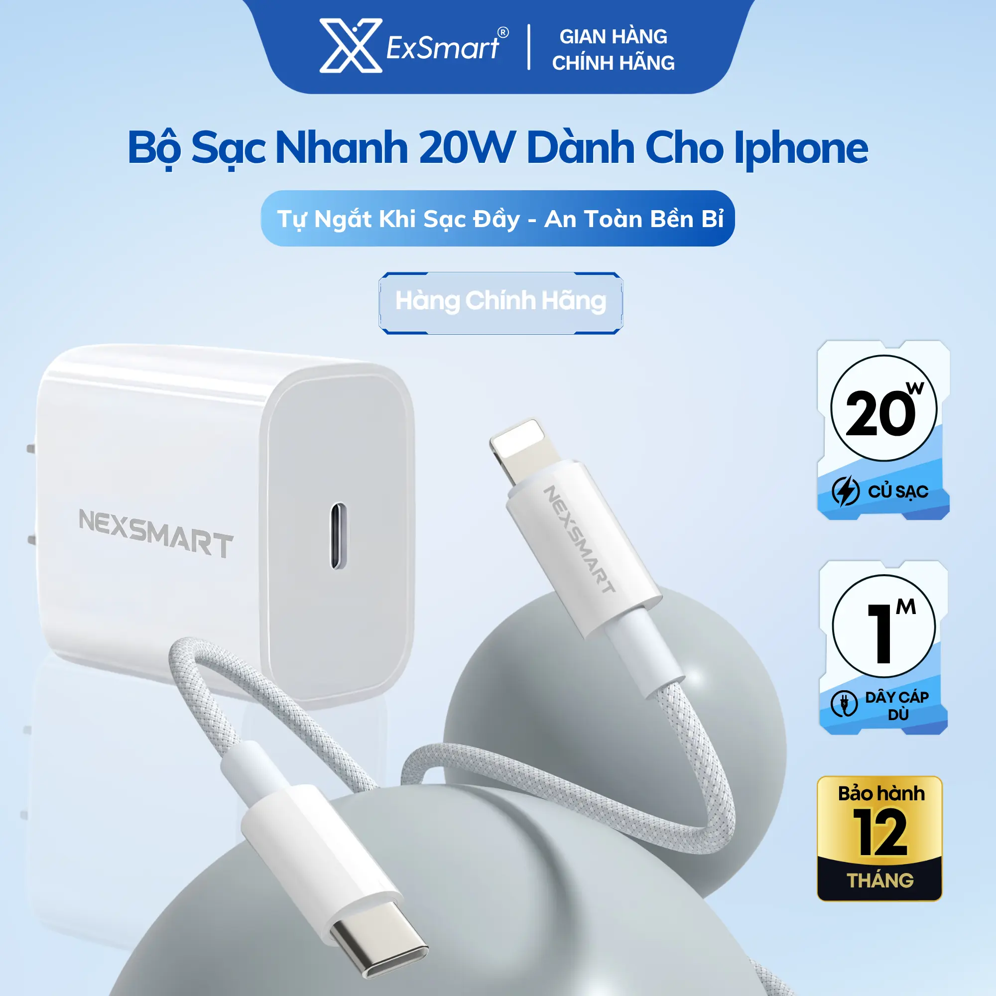 ExSmart Bộ Củ Cáp Sạc Nhanh 20w Dành Cho Iphone Cáp Bọc Dù Tự Ngắt Khi Sạc Đầy Chống Gãy Gập Độ Bền Cao Sạc Nhanh Bảo Vệ Pin An Toàn Cho Điện Thoại