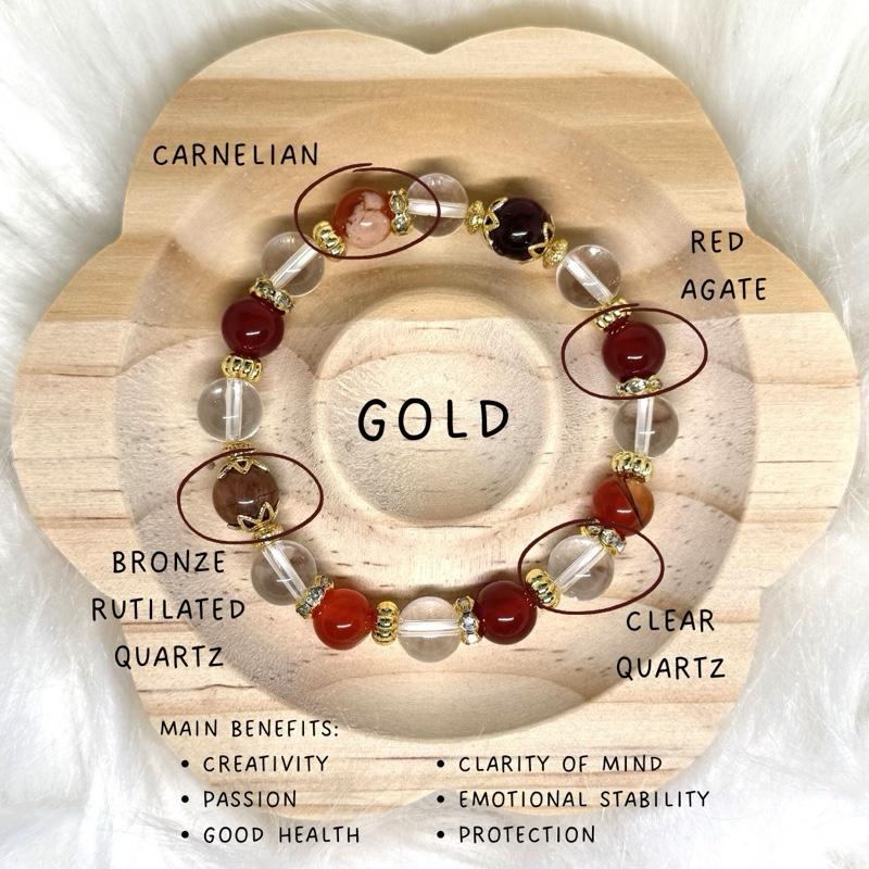 Carnelian + Bronze Rutilated Quartz + Red Agate Crystal Bracelet 1