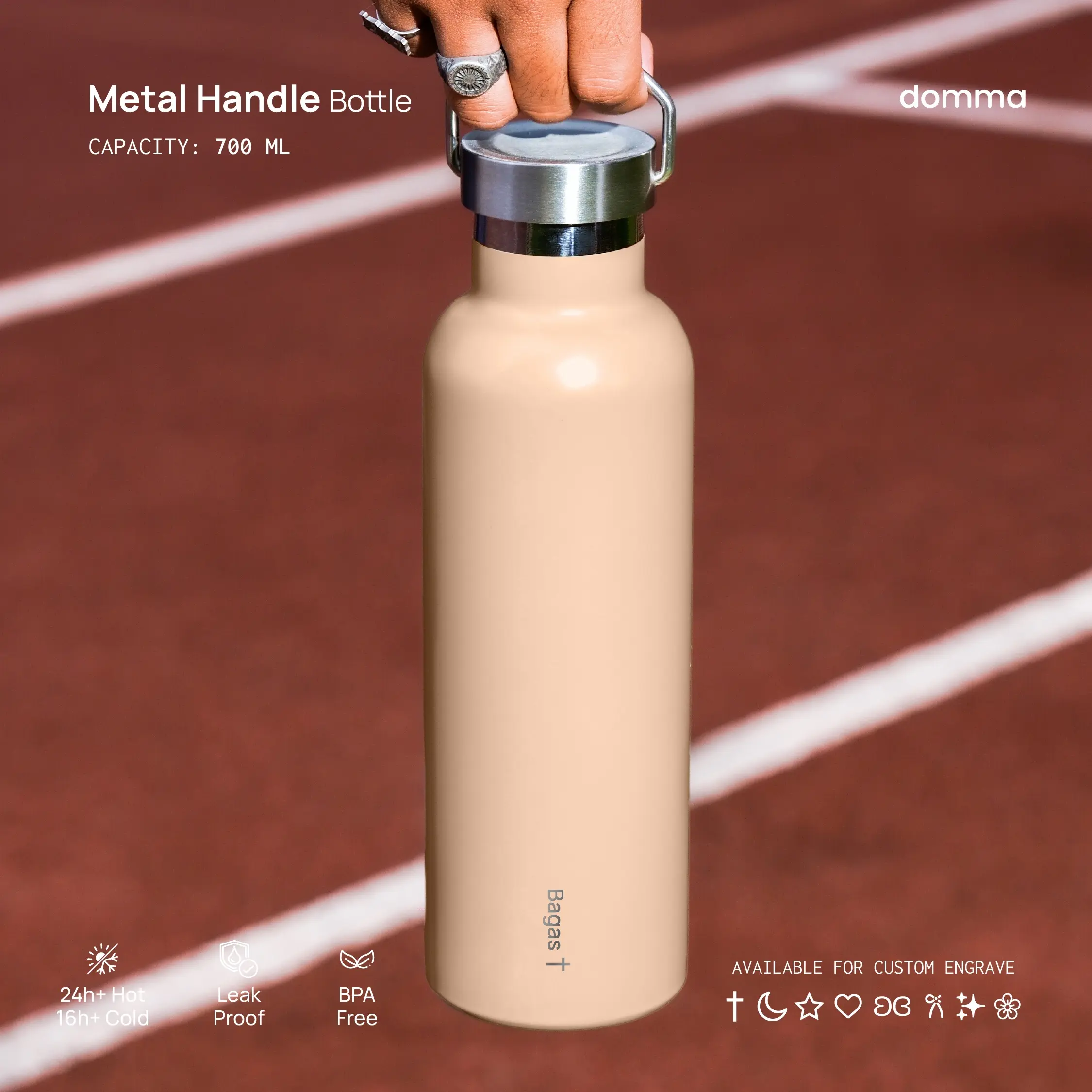 [Domma] CUSTOM ENGRAVE-700 ml Metal Handle Lid Insulated Reusable Tumbler Water Bottle - Double Wall Stainless Steel Botol Minum Thermos Kopi Teh