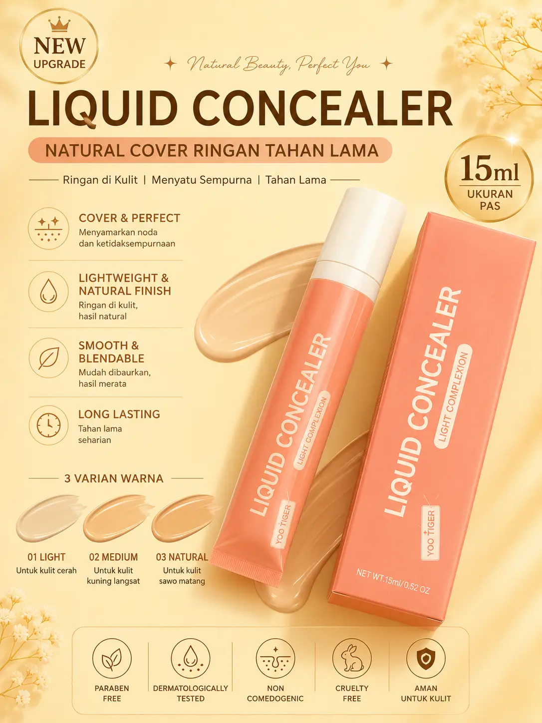 Liquid Concealer Natural Cover Ringan Tahan Lama 15ml