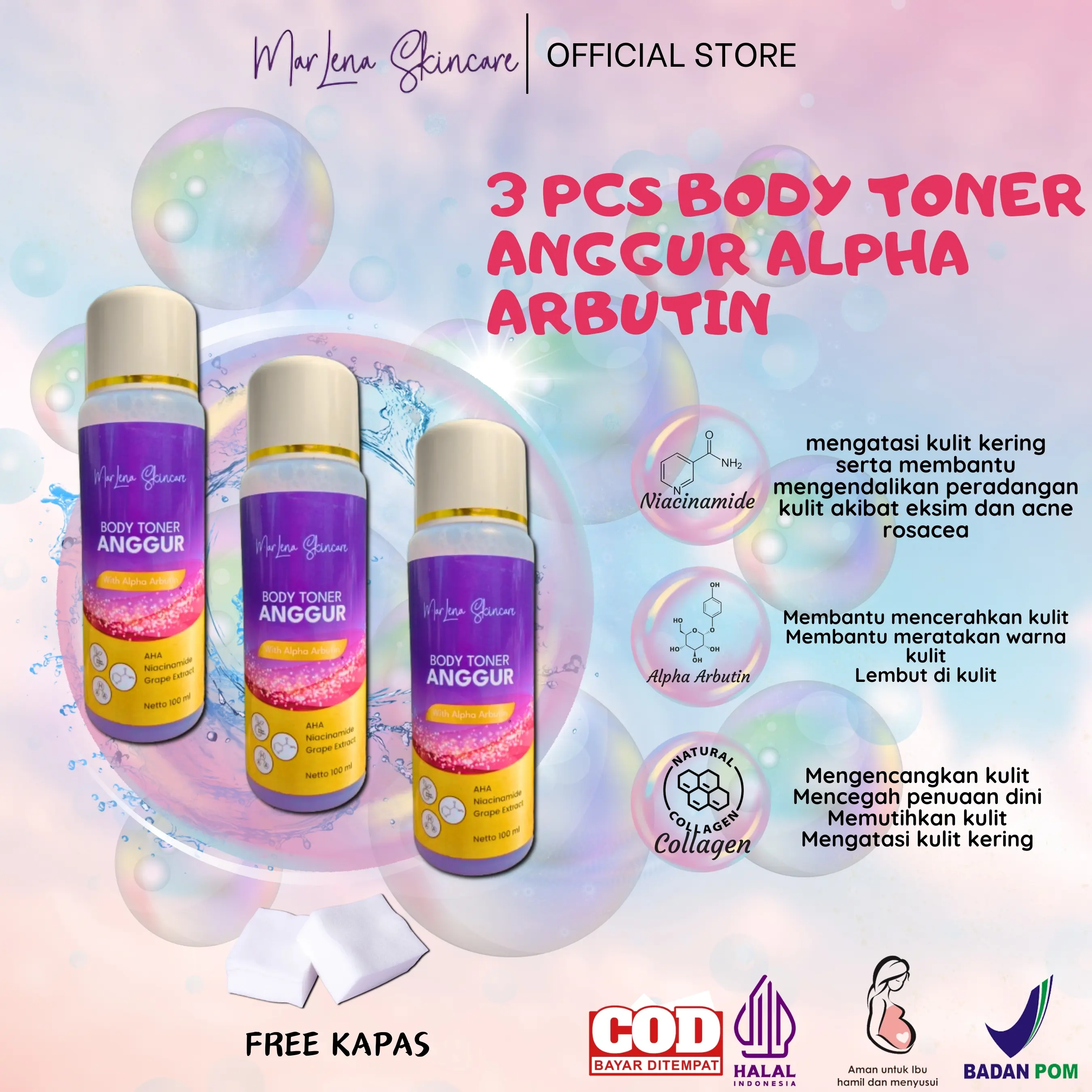 PAKET MINI ISI 3 PCS BODY TONER ANGGUR ARBUTIN FREE KAPAS