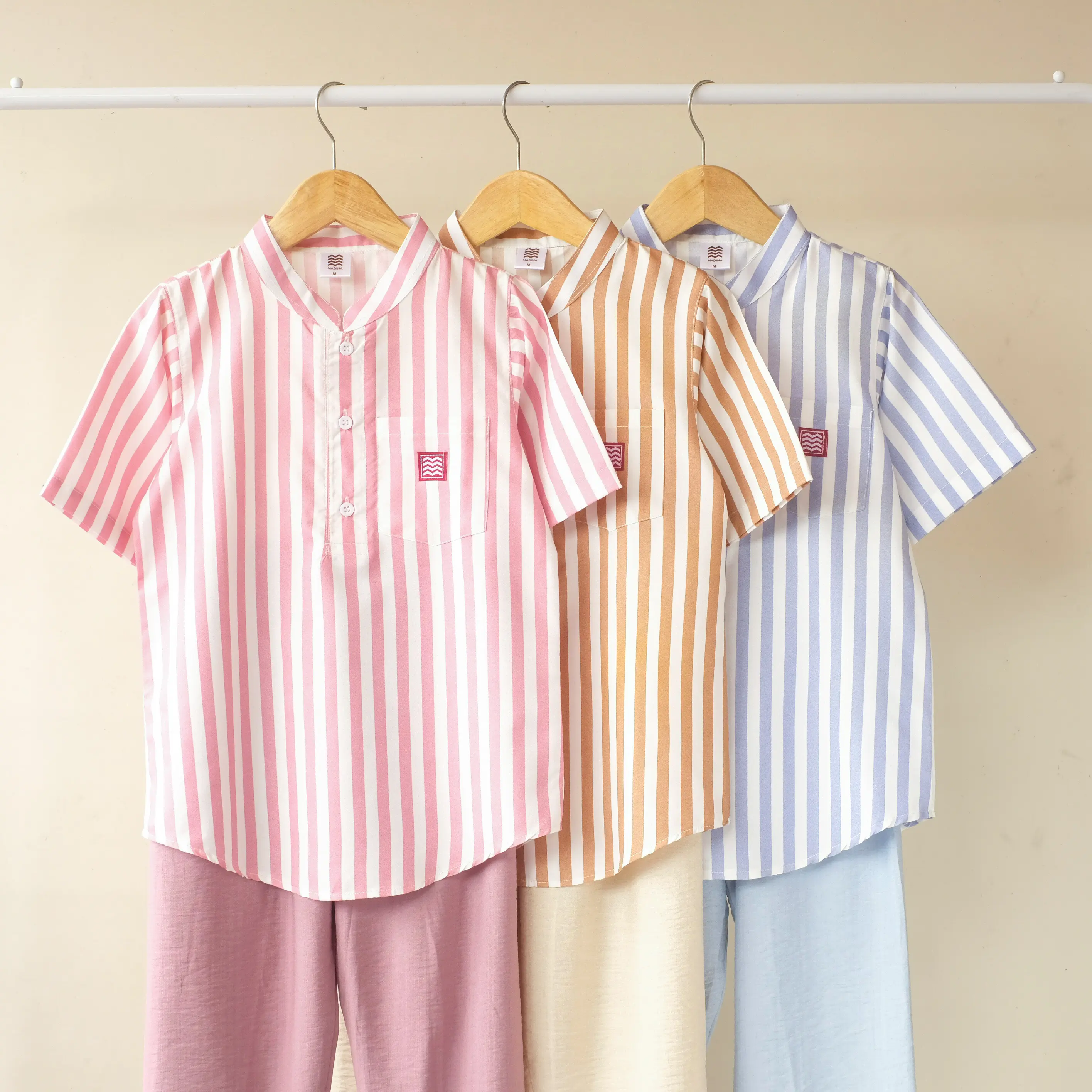 Madina Musa - Baju setelan koko anak laki laki 1-12 Tahun Motif salur lengan pendek kurta muslim garis-garis