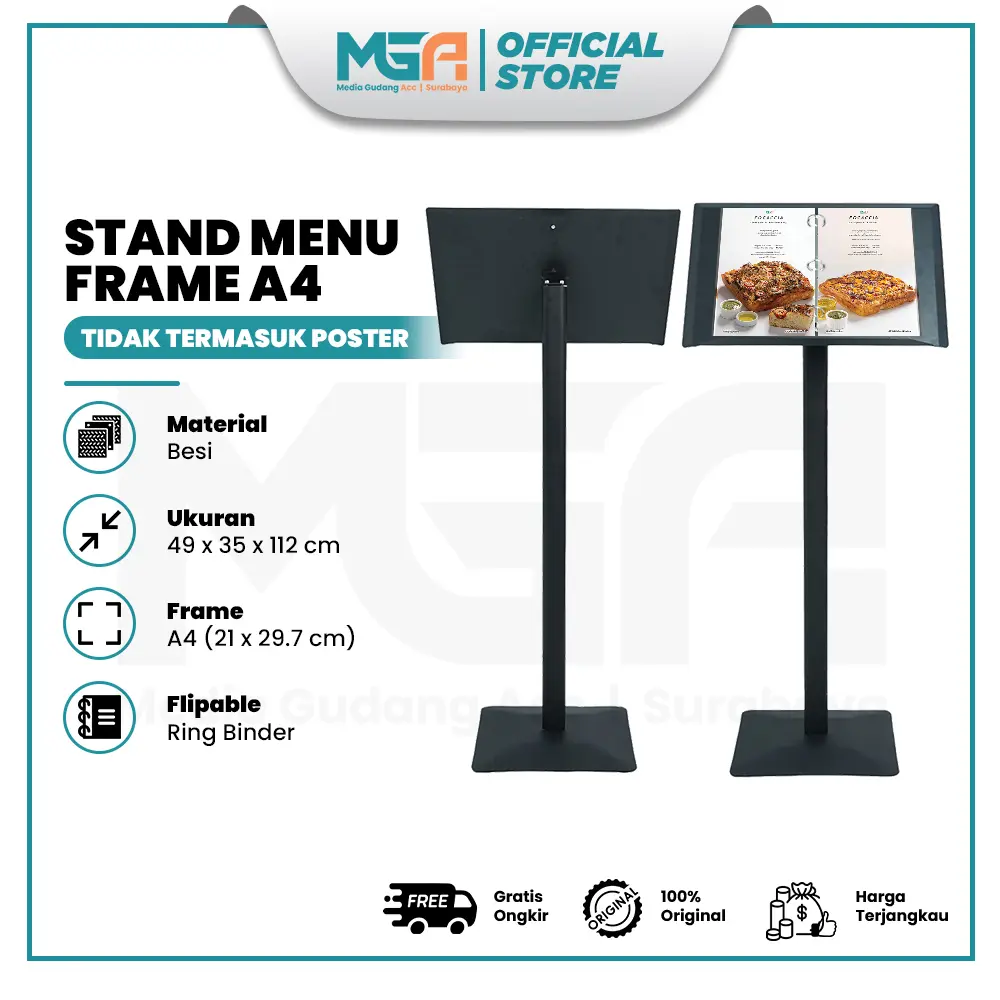 Stand Menu Frame A4 | Rak Display Menu Café & Restoran | Tempat Buku Menu Aluminium Tinggi 100cm