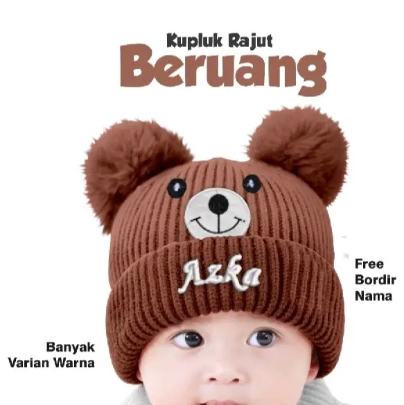 Kupluk Rajut Bayi Motif Bear dengan Bordir Nama Gratis untuk Bayi Perempuan dan Laki-Laki Cowok 9-12 bulan white topi & tutup kepala bayi karakter kartun hanya untuk dicuci dengan tangan Bepergian Purple 0-3 bulan cuci kering sage