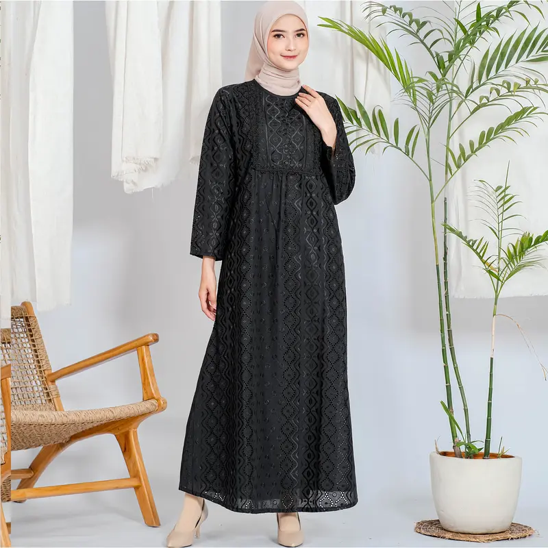 Gamis Elmira Katun Silk Renda Full 723 - Gamis Katun Hitam Muslim untuk Haji Ihrom - Perlengkapan Haji by ARIVA 2