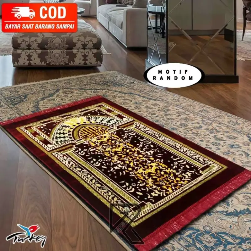 Sajadah Eklusif Motif Turki Premium Ukuran Besar 110x70cm Bahan Bulu Beludru Lembut Muslim Spigel Semi Karpet Anti Slip 7