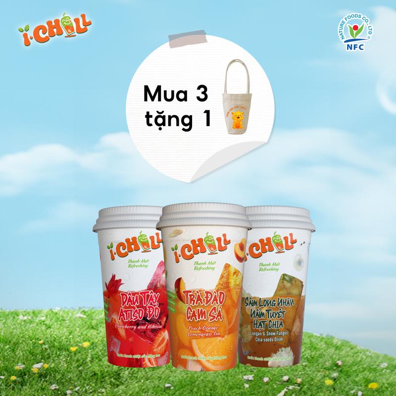 [COMBO 3 LY MIX] iChill Dâu Tây Atiso Đỏ + Trà Đào Cam Sả + Sâm Long Nhãn Nấm Tuyết  Nước Thanh Nhiệt Sấy Thăng Hoa Từ Trái Cây Tự Nhiên