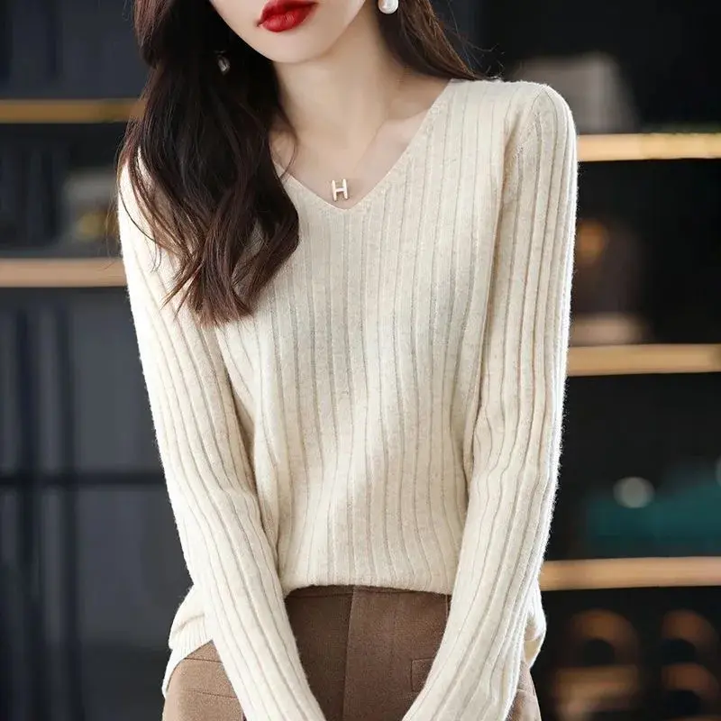 Women Sweater Long Sleeve Top Knitted Pullover V-Neck Fashion Sweater Woman Winter Basic Female Clothing Sweater DF4933