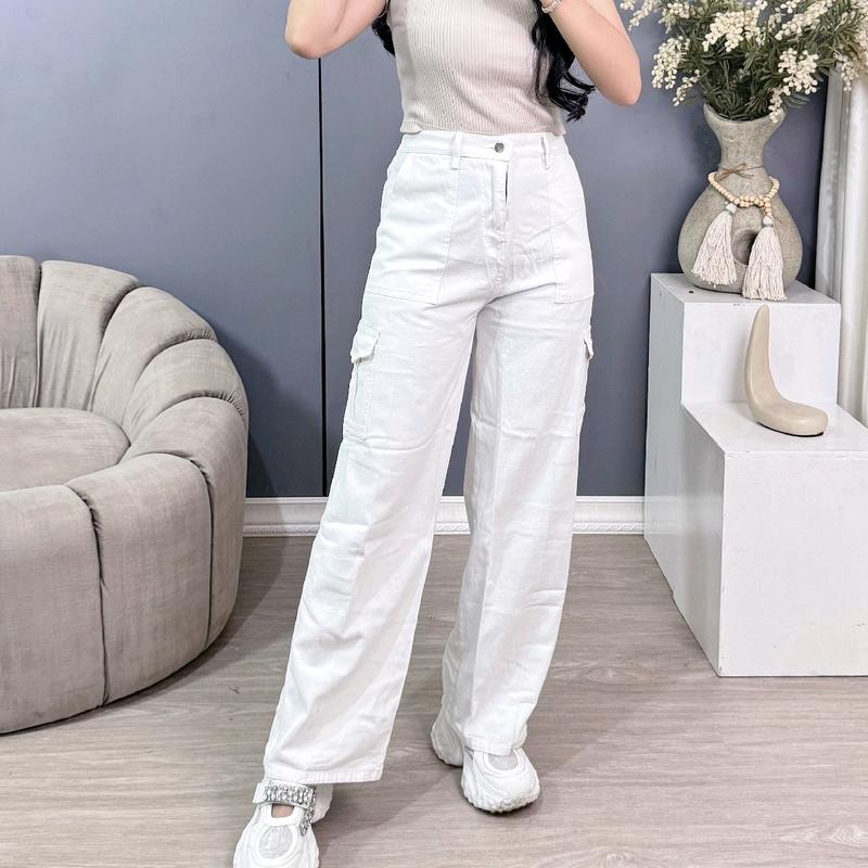 Naysqii-Highwaist Kulot Cargo Jeans Wanita - Celana Panjang Wanita Cewek Hitam Kancing Karet Samping Nyaman Formal Tebal 3