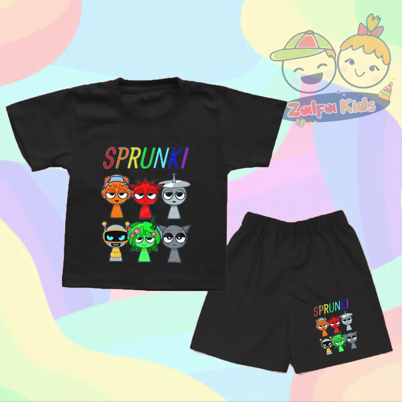 Setelan Kaos & Celana Anak Karakter Sprunki Incredibox - Bahan PE Single Soft 24s
